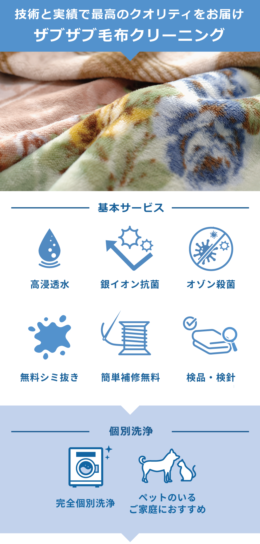 技術と実績で最高のクオリティをお届け！ザブザブ毛布クリーニングサービス内容